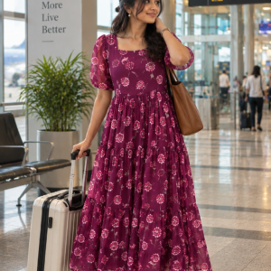 Half Sleeve Square Neck Chinon Frock – Trendy Casual Ethnic Dress