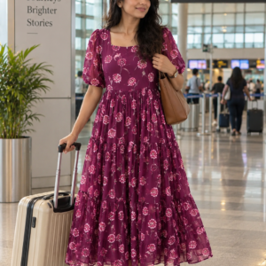 Half Sleeve Square Neck Chinon Frock – Trendy Casual Ethnic Dress