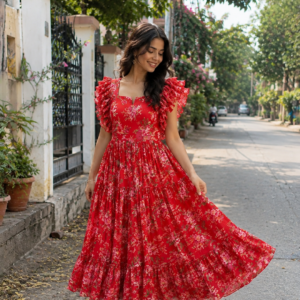 Chinon Fabric Flared Frock – Elegant Casual Ethnic Dress