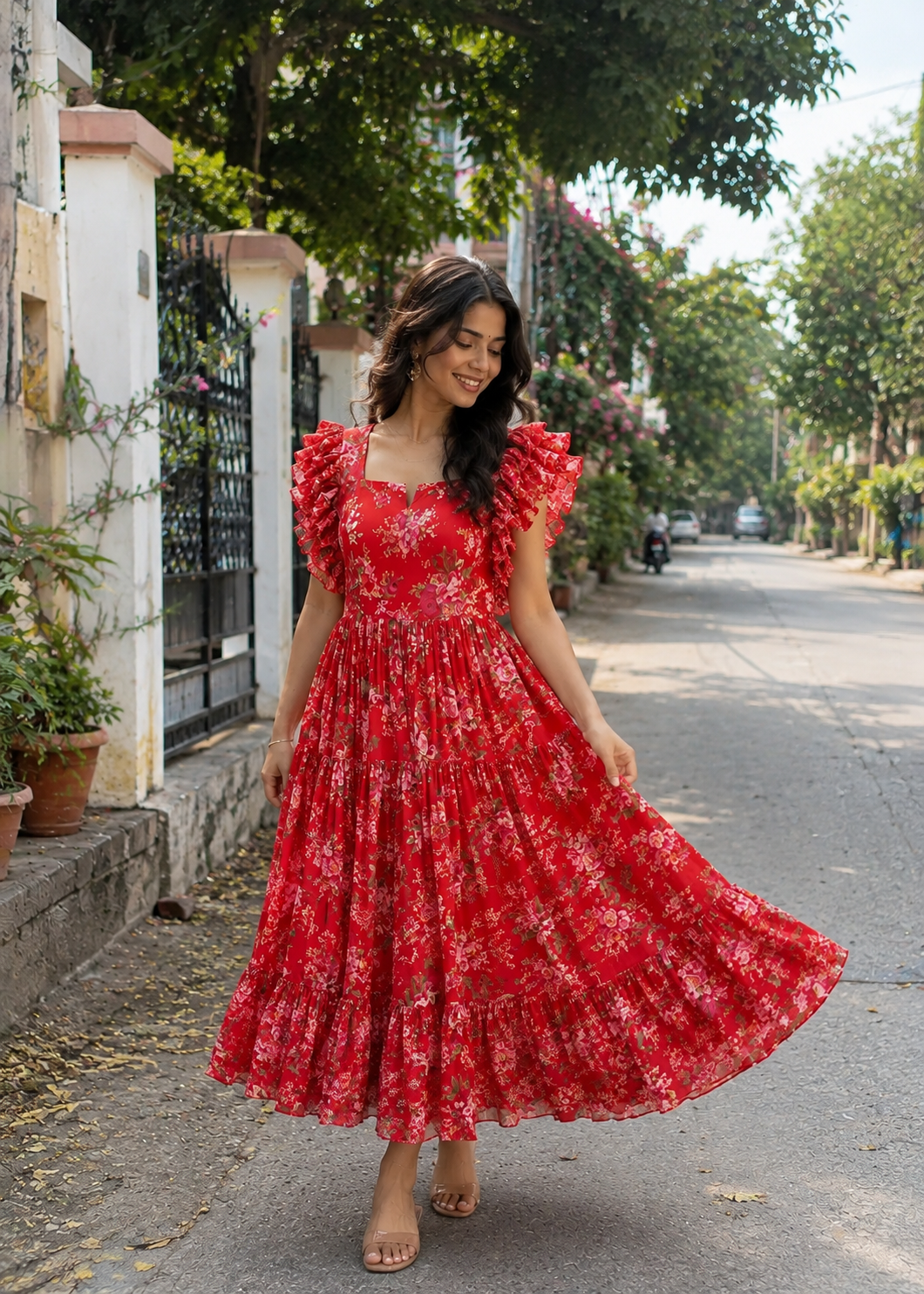Chinon Fabric Flared Frock – Elegant Casual Ethnic Dress Chinon Fabric Flared Frock – Elegant Casual Ethnic Dress