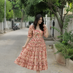 Calf Length Georgette Frock – Flowy Midi Ethnic Dress