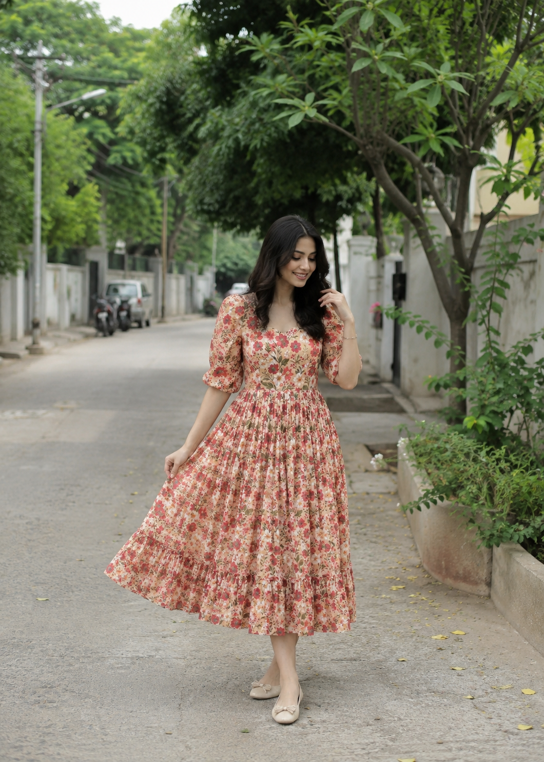 Calf Length Georgette Frock – Flowy Midi Ethnic Dress Calf Length Georgette Frock – Flowy Midi Ethnic Dress