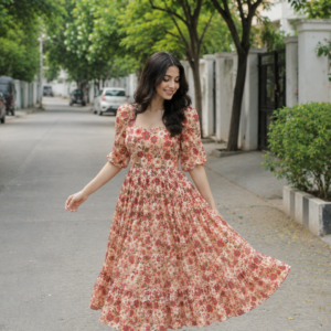 Calf Length Georgette Frock – Flowy Midi Ethnic Dress