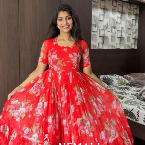 Red Rose Chiffon Frock – Floral Casual Ethnic Wear