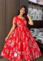 Red Rose Chiffon Frock – Floral Casual Ethnic Wear