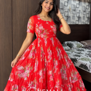 Red Rose Chiffon Frock – Floral Casual Ethnic Wear