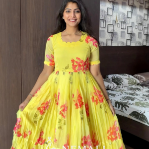 Yellow Rose Chiffon Frock – Bright Floral Casual Ethnic Wear