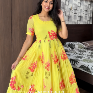 Yellow Rose Chiffon Frock – Bright Floral Casual Ethnic Wear